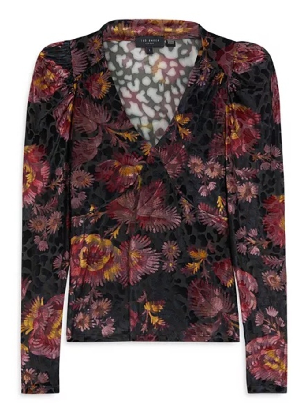 ted baker crushed velvet fitted floral jewel tones luff shoulders blouse